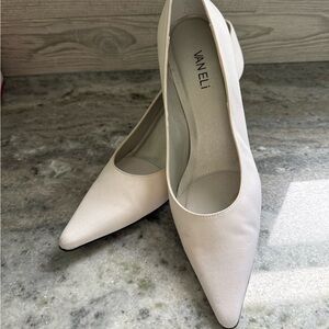 Van Eli Pointed Toe Pumps in White satin